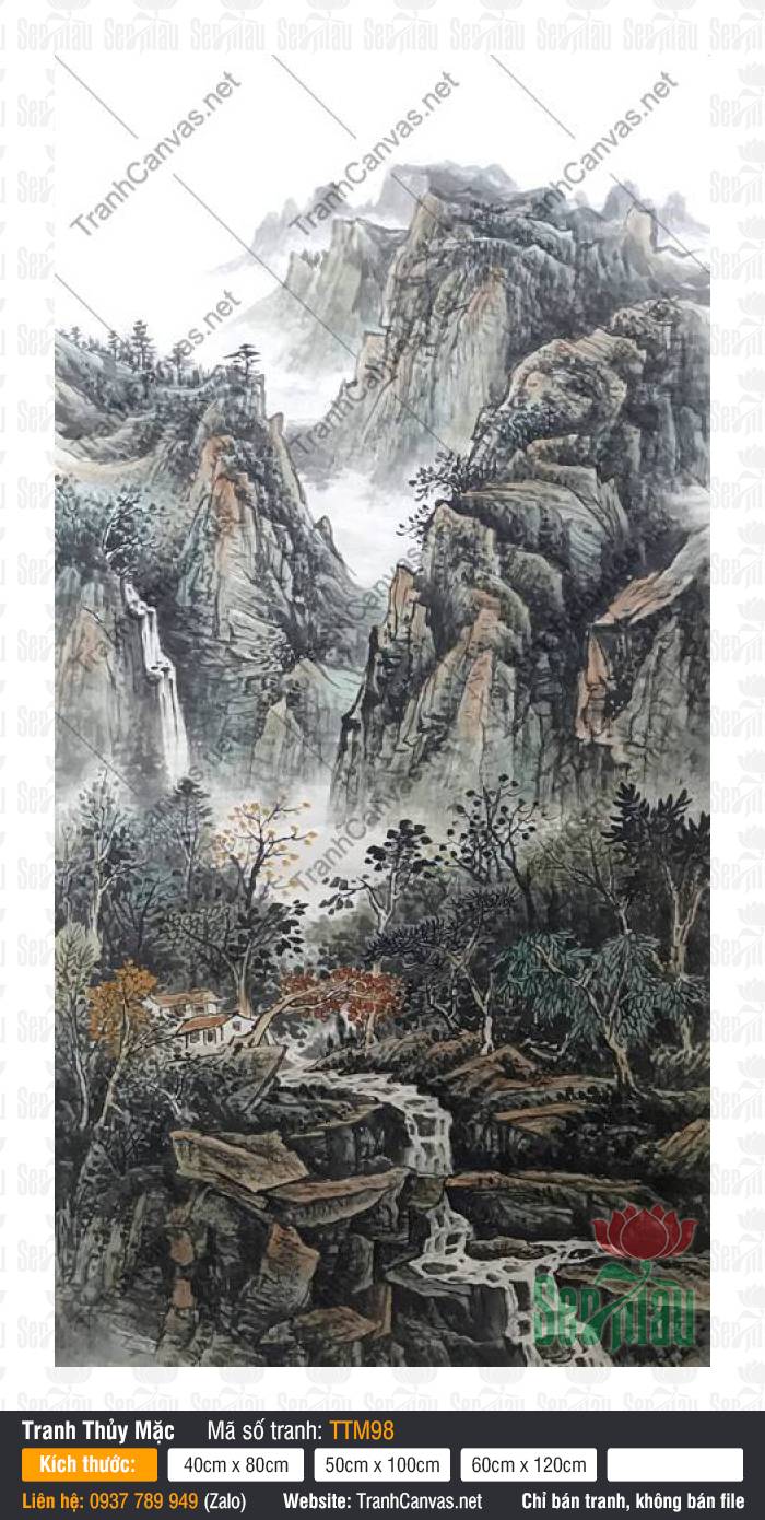 Tranh Thủy Mặc Núi Non TTM98 Tranh Thủy Mặc Núi Non TTM98 vách đá trùng điệp bên dòng thác nước