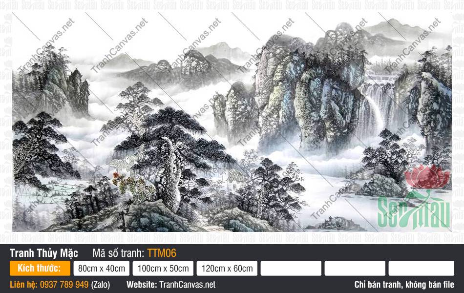 Tranh Thủy Mặc Núi TTM06 Tranh Thủy Mặc Núi TTM06 khắc họa vách núi đá thác nước và ngọn thông cổ thụ