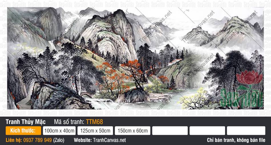 Tranh Thủy Mặc Phong Cảnh TTM68 Tranh Thủy Mặc Phong Cảnh TTM68 phác họa dãy núi đá cùng nhịp cầu đá vòm bên dòng suối