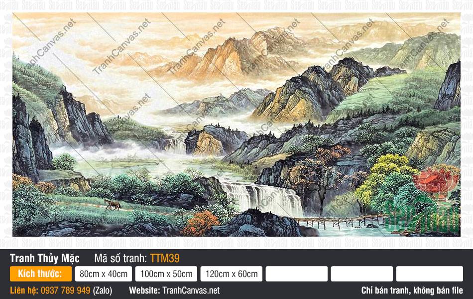 Tranh Thủy Mặc Phong Thủy TTM39 Tranh thủy mặc phong thủy vẽ cảnh núi cao nhuộm nắng vàng cùng dòng thác chảy cuộn