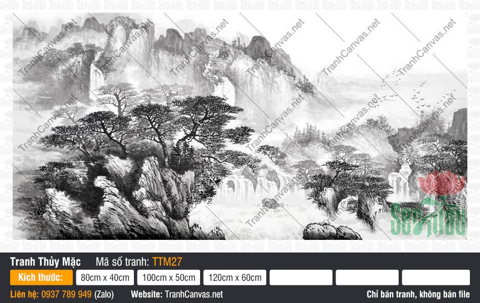 Tranh Thủy Mặc Sơn Thủy TTM27 Tranh Thủy Mặc Sơn Thủy TTM27 vẽ rặng tùng cổ thụ và dòng thác đổ mờ sương