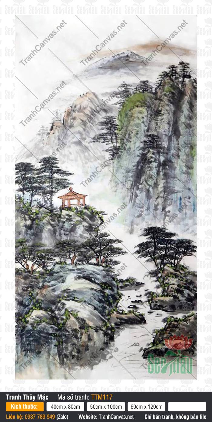 Tranh Thủy Mặc Sông Nước TTM117 Tranh Thủy Mặc Sông Nước TTM117 phác họa dòng suối nhỏ chảy bên vách núi phủ rêu