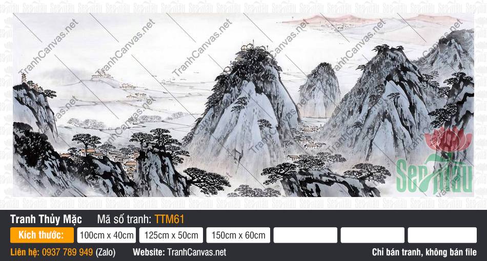 Tranh Thủy Mặc TTM61 Tranh Thủy Mặc TTM61 phác họa vách núi đá chập chùng cùng xóm làng yên bình