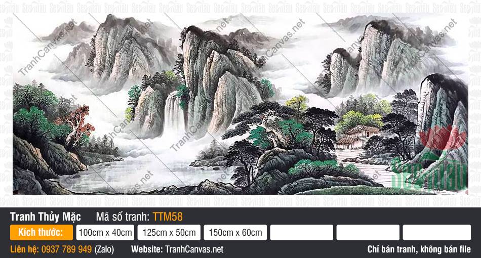 Tranh Thủy Mặc Tối Giản TTM58 Tranh Thủy Mặc Tối Giản TTM58 phác họa vách núi đá bên nếp nhà cổ