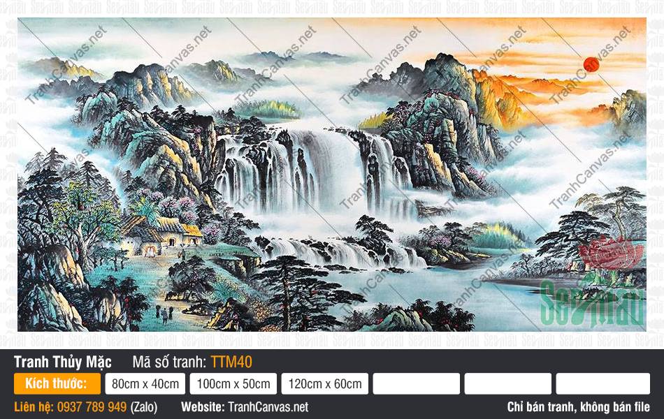 Tranh Thuỷ Mặc Treo Phòng Khách TTM40 Tranh Thuỷ Mặc Treo Phòng Khách TTM40 khắc họa cảnh thác nước chảy qua vách núi