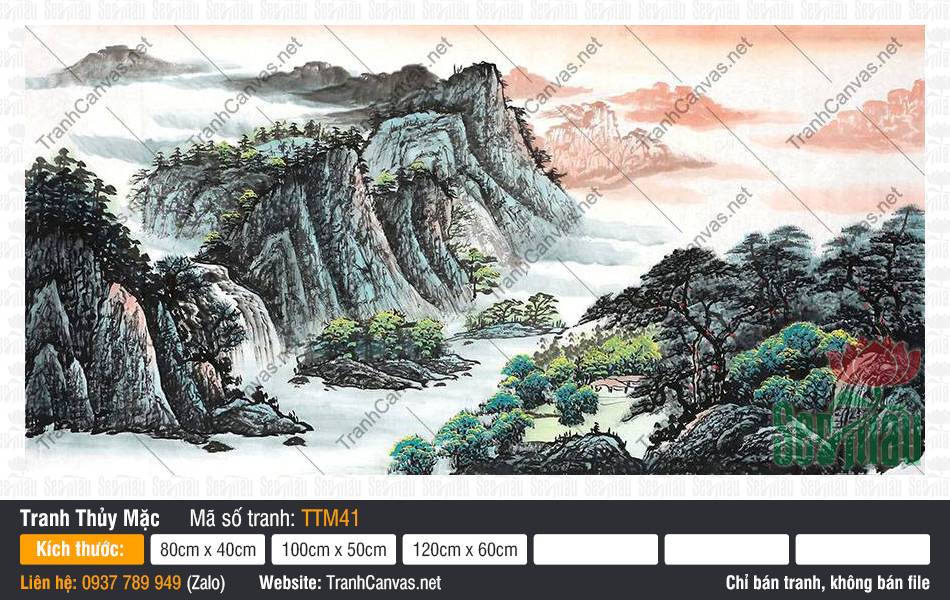 Tranh Thủy Mặc Treo Phòng Khách TTM41 Tranh Thủy Mặc Treo Phòng Khách TTM41 phác họa vách núi đá chập chùng cùng thảm thông