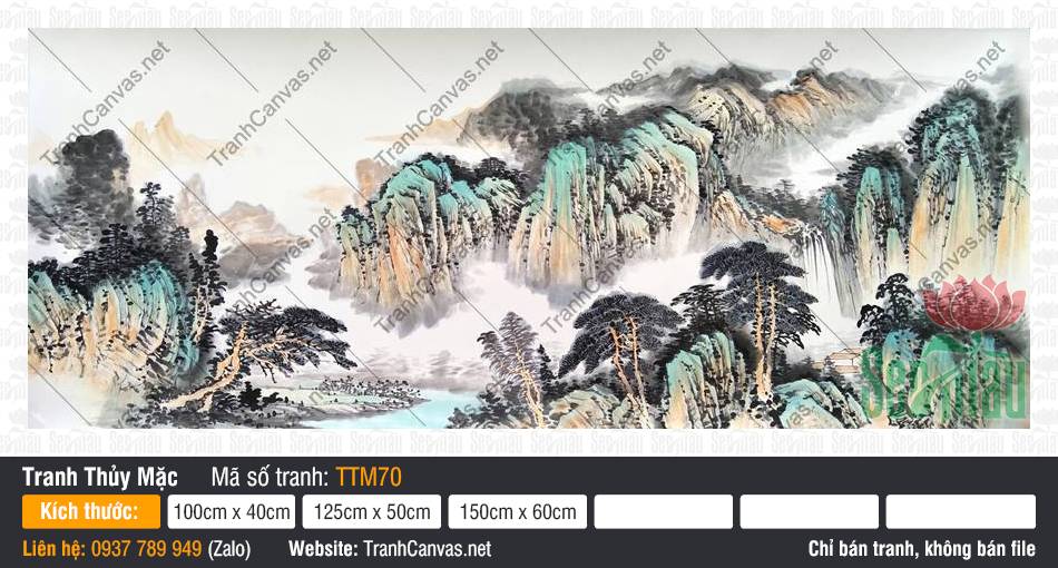 Tranh Thuỷ Mặc Treo Phòng Khách TTM70 Tranh Thuỷ Mặc Treo Phòng Khách TTM70 khung cảnh núi đá xanh ngọc mờ ảo giữa mây ngàn