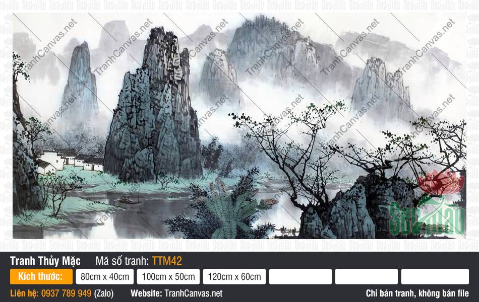 Bức tranh thủy mặc treo tường TTM42 mô tả núi cao sương mờ cùng xóm nhỏ ven sông