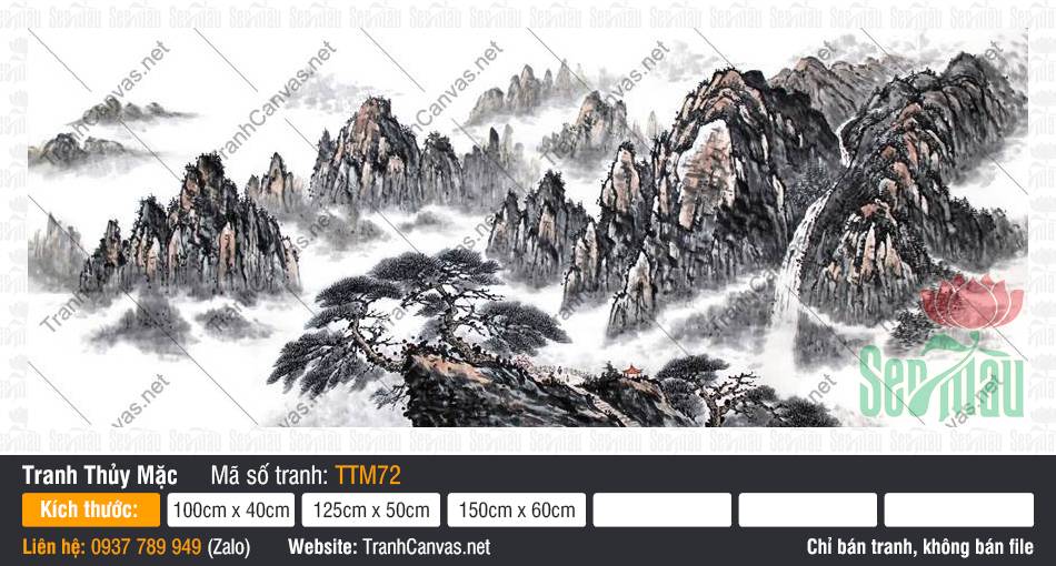 Tranh Thủy Mặc Treo Tường TTM72 Tranh Thủy Mặc Treo Tường TTM72 khắc họa núi đá trùng điệp trong dải sương mù