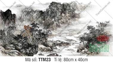 Bán Tranh Thủy Mặc TTM23, Cảnh Sơn Thủy Cầu Mộc Và Núi Đá Bán Tranh Thủy Mặc TTM23, Cảnh Sơn Thủy Cầu Mộc Và Núi Đá