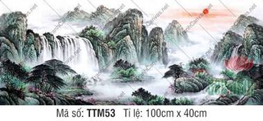 Bán Tranh Thủy Mặc TTM53, Cảnh Dòng Thác Rộng Và Ánh Bình Minh Bán Tranh Thủy Mặc TTM53, Cảnh Dòng Thác Rộng Và Ánh Bình Minh