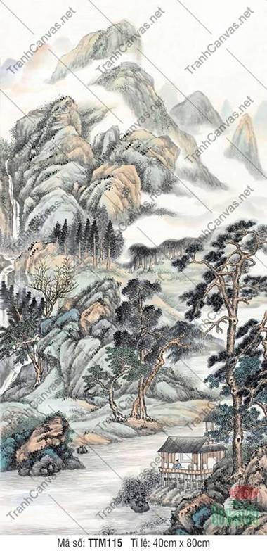 Khung Tranh Thủy Mặc TTM115, Nếp Nhà Mộc Dưới Tán Tùng Cổ