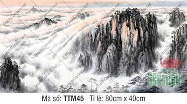 Tranh Núi Non Phong Thủy TTM45, vách đá sừng sững giữa biển mây Tranh Núi Non Phong Thủy TTM45, vách đá sừng sững giữa biển mây