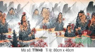 Tranh Thủy Mặc Cổ TTM48, Cảnh Núi Đá Vàng Cam Và Rặng Cây Lá Đỏ Tranh Thủy Mặc Cổ TTM48, Cảnh Núi Đá Vàng Cam Và Rặng Cây Lá Đỏ
