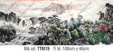 Tranh Thủy Mặc Cổ TTM78, Cảnh Thác Nước Và Xóm Nhỏ Ven Sông