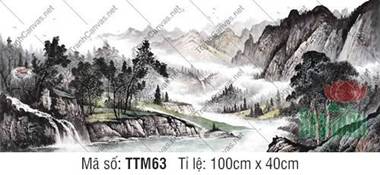 Tranh Thủy Mặc Đẹp Nhất TTM63, Cảnh Rừng Tùng Và Dòng Thác Đổ