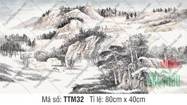 Tranh Thủy Mặc Đẹp TTM32, xóm nhỏ bình yên bên triền núi đá Tranh Thủy Mặc Đẹp TTM32, xóm nhỏ bình yên bên triền núi đá