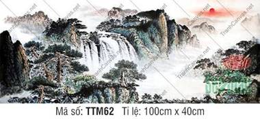 Tranh Thủy Mặc Đẹp TTM62, Bức Họa Thác Nước Dưới Mặt Trời Đỏ