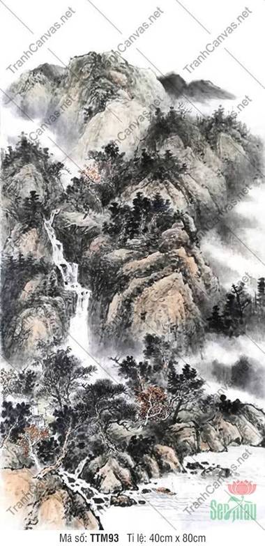 Tranh Thủy Mặc Đẹp TTM93, Vách Núi Cao Và Dòng Thác Nước Tranh Thủy Mặc Đẹp TTM93, Vách Núi Cao Và Dòng Thác Nước