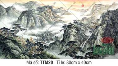 Tranh Thủy Mặc Hiện Đại TTM20, mặt trời mọc trên đỉnh núi Tranh Thủy Mặc Hiện Đại TTM20, mặt trời mọc trên đỉnh núi