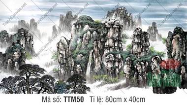 Tranh Thủy Mặc Hiện Đại TTM50, quần thể cột đá giữa sương mờ Tranh Thủy Mặc Hiện Đại TTM50, quần thể cột đá giữa sương mờ