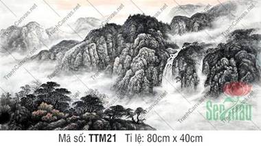 Tranh Thủy Mặc Màu TTM21, Rặng Núi Trùng Điệp Và Dòng Thác Tranh Thủy Mặc Màu TTM21, Rặng Núi Trùng Điệp Và Dòng Thác