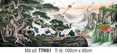 Tranh Thủy Mặc Màu TTM81, Cảnh Tùng Hạc Và Nhật Xuất Rực Rỡ
