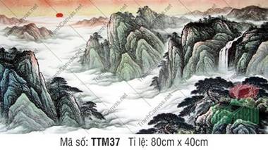 Tranh Thủy Mặc Núi Non TTM37, núi ngàn vờn mây dưới mặt trời đỏ Tranh Thủy Mặc Núi Non TTM37, núi ngàn vờn mây dưới mặt trời đỏ