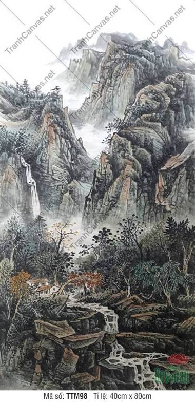 Tranh Thủy Mặc Núi Non TTM98, Vách Đá Trùng Điệp Và Suối Thác Tranh Thủy Mặc Núi Non TTM98, Vách Đá Trùng Điệp Và Suối Thác
