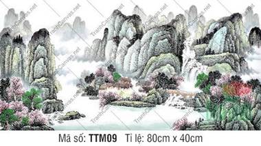 Tranh Thủy Mặc Phong Thủy TTM09, cảnh sơn thủy hoa đào tuyệt đẹp Tranh Thủy Mặc Phong Thủy TTM09, cảnh sơn thủy hoa đào tuyệt đẹp