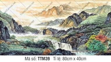 Tranh Thủy Mặc Phong Thủy TTM39, dòng thác nguồn và núi nhuộm nắng Tranh Thủy Mặc Phong Thủy TTM39, dòng thác nguồn và núi nhuộm nắng