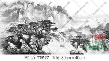Tranh Thủy Mặc Sơn Thủy TTM27, rặng tùng cổ thụ bên dải thác đổ Tranh Thủy Mặc Sơn Thủy TTM27, rặng tùng cổ thụ bên dải thác đổ