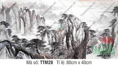Tranh Thủy Mặc Tối Giản TTM28, Cảnh Bảo Tháp Và Vách Núi Đứng Tranh Thủy Mặc Tối Giản TTM28, Cảnh Bảo Tháp Và Vách Núi Đứng