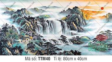 Tranh Thuỷ Mặc Treo Phòng Khách TTM40, thác nước và ngàn tùng Tranh Thuỷ Mặc Treo Phòng Khách TTM40, thác nước và ngàn tùng