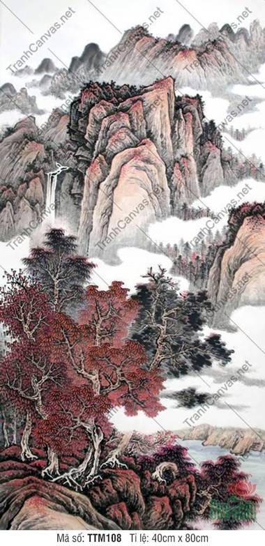 Tranh Tường Thủy Mặc TTM108, Rừng Lá Đỏ Bên Vách Núi Cao Tranh Tường Thủy Mặc TTM108, Rừng Lá Đỏ Bên Vách Núi Cao