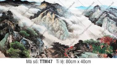 Tranh Tường Thủy Mặc TTM47, Hùng Vĩ Cảnh Sắc Núi Non Sương Mờ Tranh Tường Thủy Mặc TTM47, Hùng Vĩ Cảnh Sắc Núi Non Sương Mờ