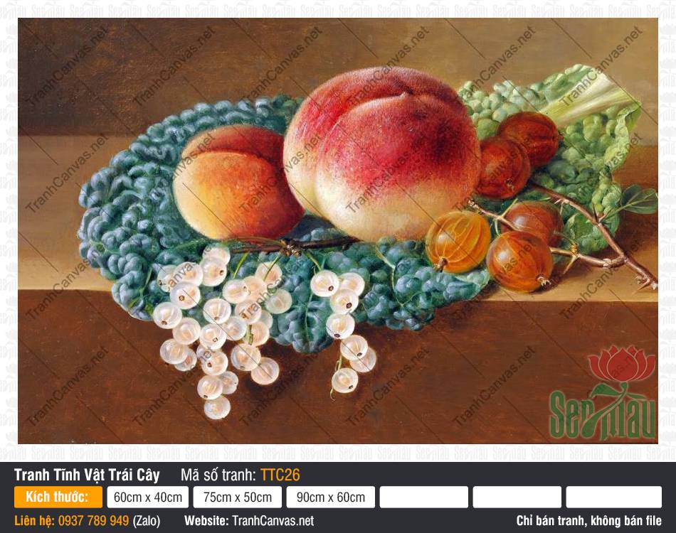 Tranh In Tĩnh Vật TTC26 Tác phẩm Tranh In Tĩnh Vật diễn tả quả đào hồng cùng chùm lý chua trắng