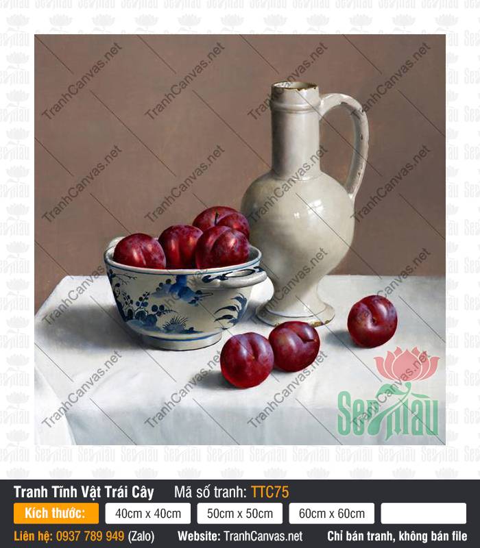 Tranh Tĩnh Vật Đẹp Nhất TTC75 Tranh Tĩnh Vật Đẹp Nhất TTC75 khắc họa chiếc bình gốm ngà cùng tô mận đỏ tươi