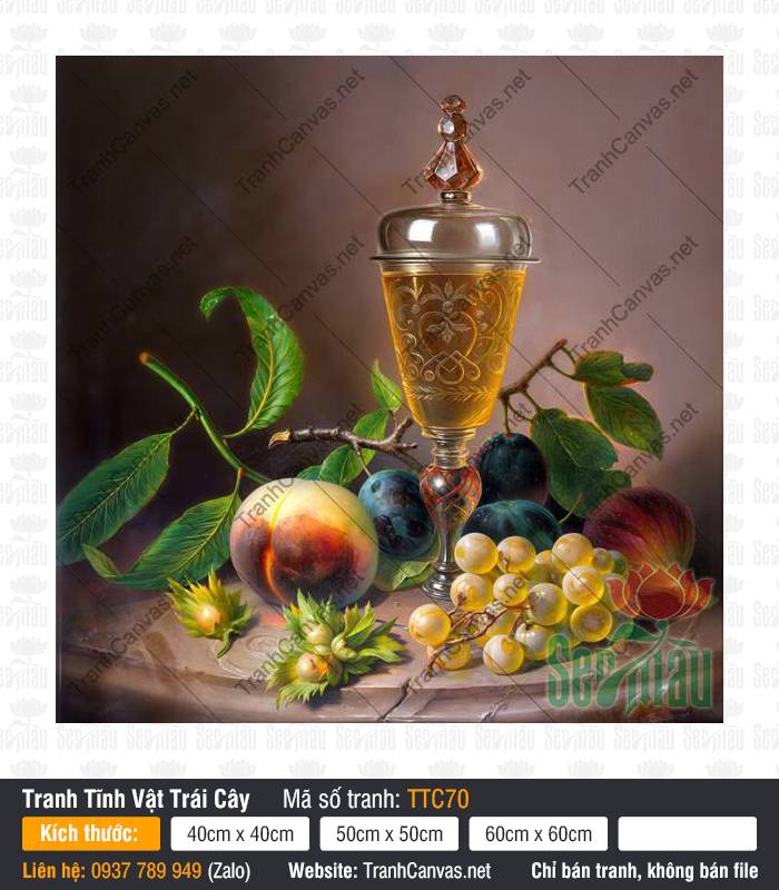 Tranh Tĩnh Vật Hoa Và Quả TTC70 Tranh Tĩnh Vật Hoa Và Quả TTC70 tả ly thủy tinh chứa rượu cùng chùm nho vàng