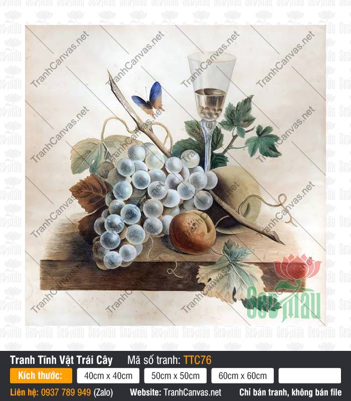 Tranh Tĩnh Vật Kích Thước Lớn TTC76 Tác phẩm tranh tĩnh vật kích thước lớn tả thực chùm nho mọng nước và ly thủy tinh