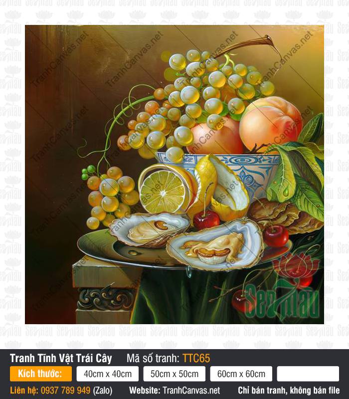 Tranh Tĩnh Vật Nghệ Thuật Đẹp Nhất TTC65 Tranh Tĩnh Vật Nghệ Thuật Đẹp Nhất TTC65 tái hiện đĩa hàu tươi cùng chùm nho vàng mọng nước