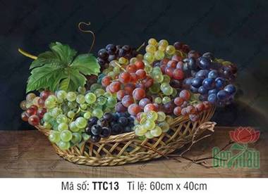 Tranh Tĩnh Vật Chùm Nho TTC13, giỏ nho đa sắc rực rỡ