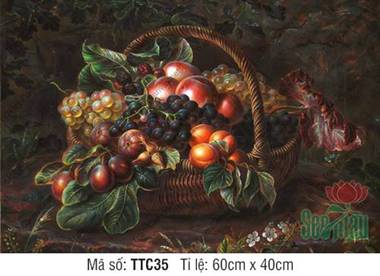Tranh Tĩnh Vật Cổ Điển TTC35, Giỏ Mây Hoa Quả Đong Đầy Sinh Khí
