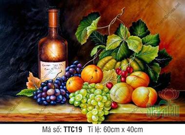 Tranh Tĩnh Vật Đẹp Đơn Giản TTC19, Chai Rượu Vang Và Hoa Quả