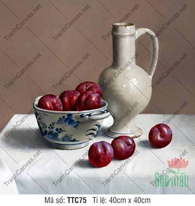 Tranh Tĩnh Vật Đẹp Nhất TTC75, Bình Gốm Tinh Tế Và Quả Mận Đỏ Tranh Tĩnh Vật Đẹp Nhất TTC75, Bình Gốm Tinh Tế Và Quả Mận Đỏ