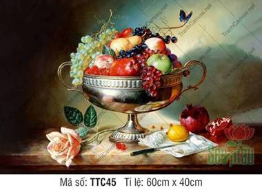 Tranh Tĩnh Vật Khổ Lớn TTC45, Vẻ Đẹp Mâm Bạc Hoa Quả Cổ Điển