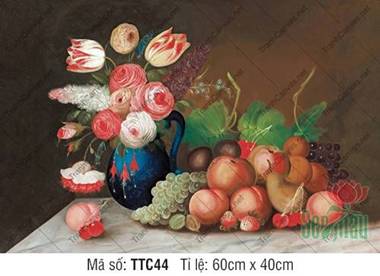 Tranh Tĩnh Vật Kích Thước Lớn TTC44, Bình Hoa Xanh Và Hoa Quả