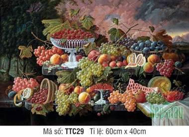 Tranh Tĩnh Vật Màu TTC29, Tiệc Hoa Quả Bàn Đá Cổ Điển