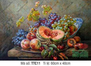 Tranh Tĩnh Vật Siêu Đẹp TTC11, Quả Dưa Lưới Mọng Nước Bên Chùm Nho