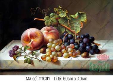 Tranh Tĩnh Vật Trái Cây TTC01, Sắc Đào Căng Mọng Và Chùm Nho Mọng Nước